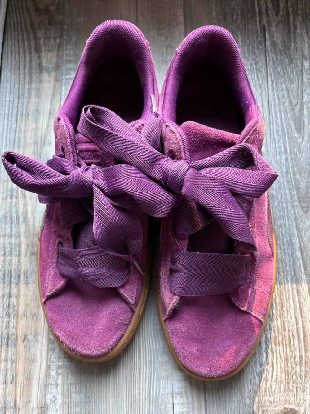 Puma Suede Heart Satin Sneakers Purple Knit Ribbon Ties Size 8.5